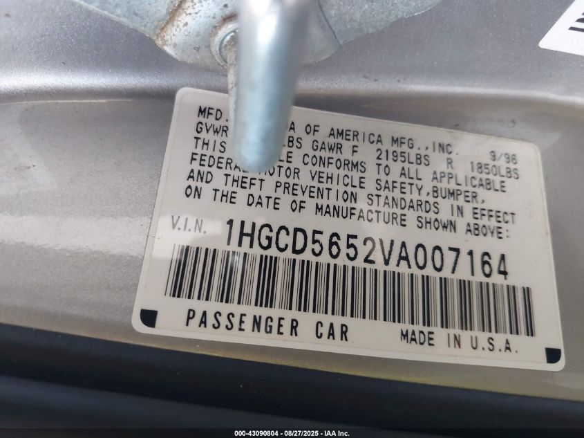 1997 Honda Accord Ex VIN: 1HGCD5652VA007164 Lot: 43090804