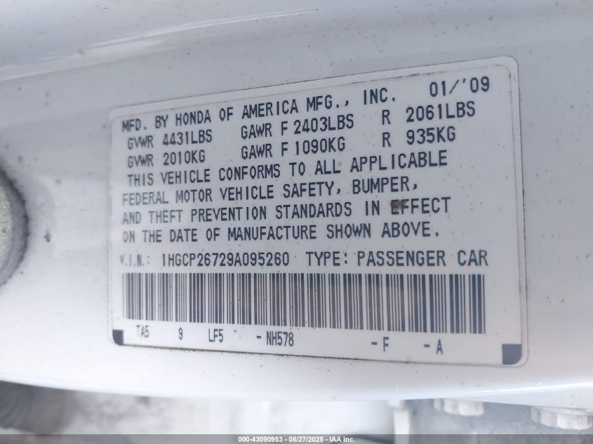 2009 Honda Accord 2.4 Ex VIN: 1HGCP26729A095260 Lot: 43090953
