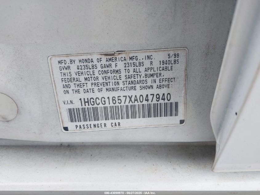 1999 Honda Accord Ex V6 VIN: 1HGCG1657XA047940 Lot: 43090970