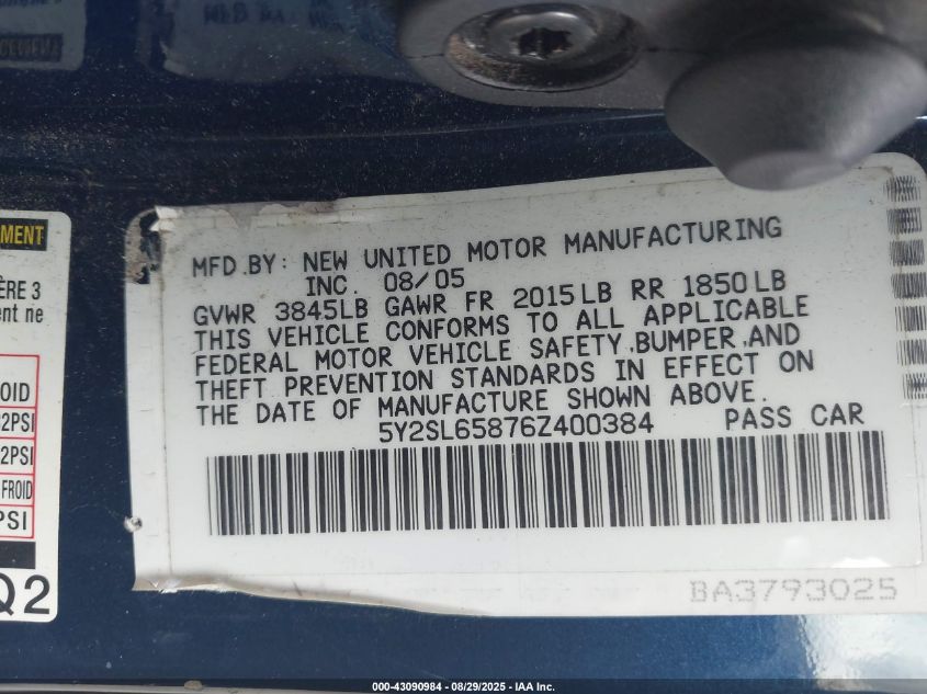 2006 Pontiac Vibe VIN: 5Y2SL65876Z400384 Lot: 43090984