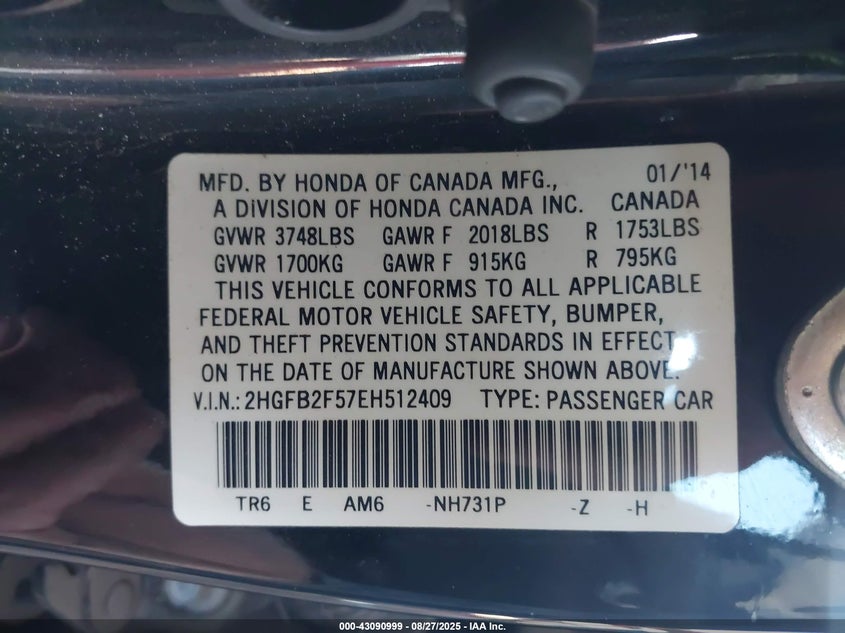 2014 Honda Civic Lx VIN: 2HGFB2F57EH512409 Lot: 43090999