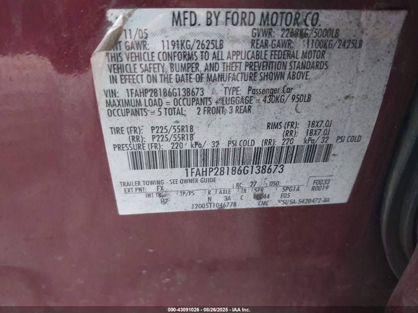 2006 Ford Five Hundred Limited VIN: 1FAHP28186G138673 Lot: 43091026