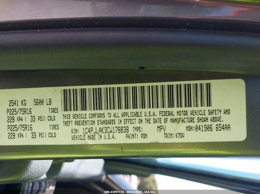 2012 Jeep Liberty Sport VIN: 1C4PJLAK3CW178838 Lot: 43091178