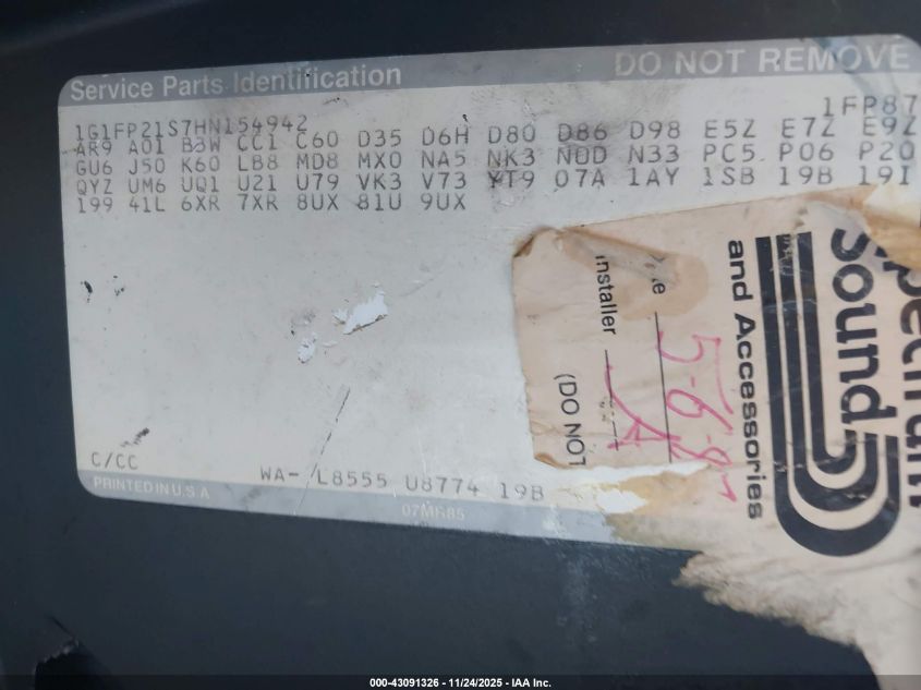 1987 Chevrolet Camaro VIN: 1G1FP21S7HN154942 Lot: 43091326