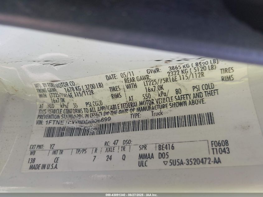 2011 Ford E-150 Commercial VIN: 1FTNE1EW8BDB06699 Lot: 43091340