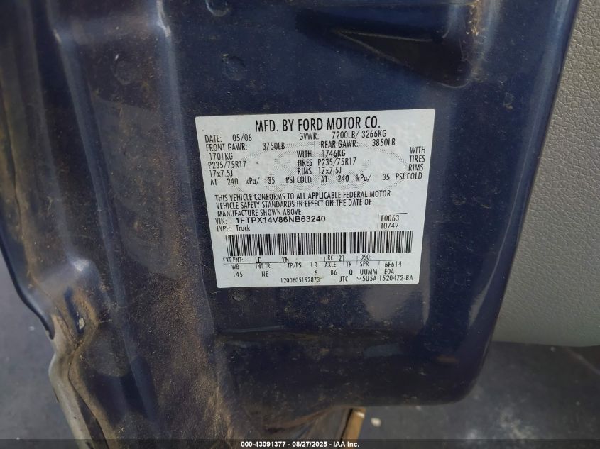 2006 Ford F-150 Fx4/Lariat/Xl/Xlt VIN: 1FTPX14V86NB63240 Lot: 43091377