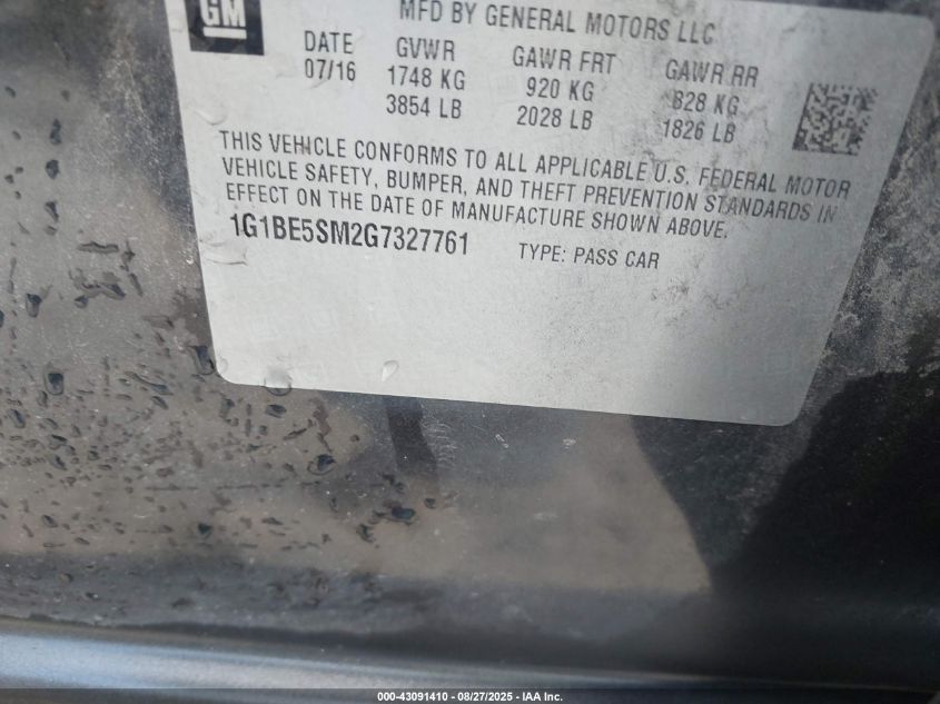 2016 Chevrolet Cruze Lt Auto VIN: 1G1BE5SM2G7327761 Lot: 43091410