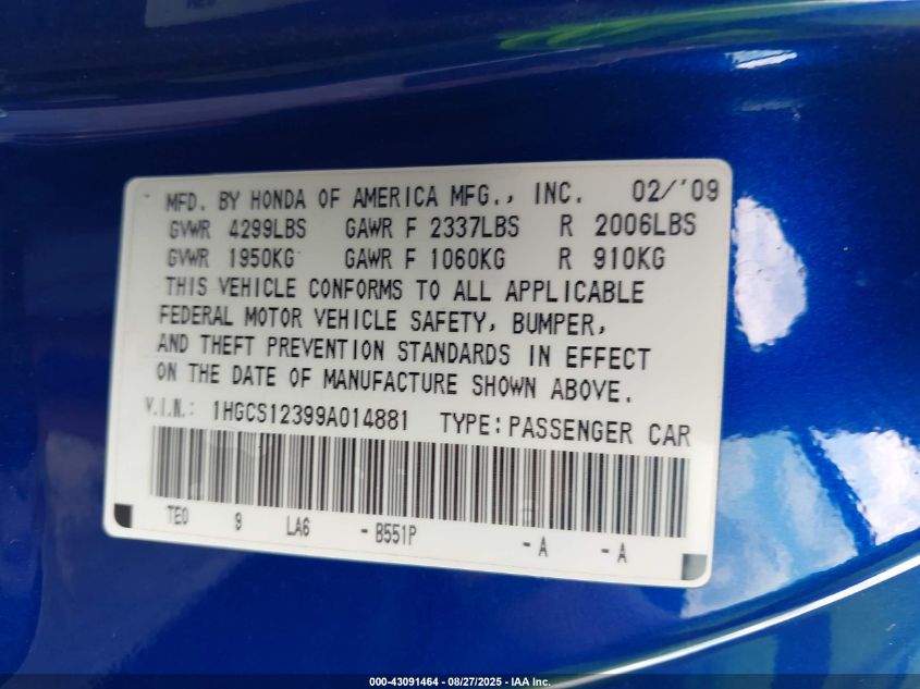 2009 Honda Accord 2.4 Lx-S VIN: 1HGCS12399A014881 Lot: 43091464