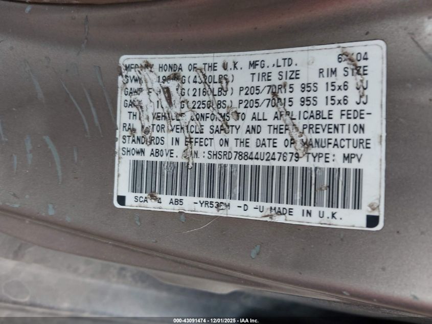 2004 Honda Cr-V Ex VIN: SHSRD78844U247679 Lot: 43091474