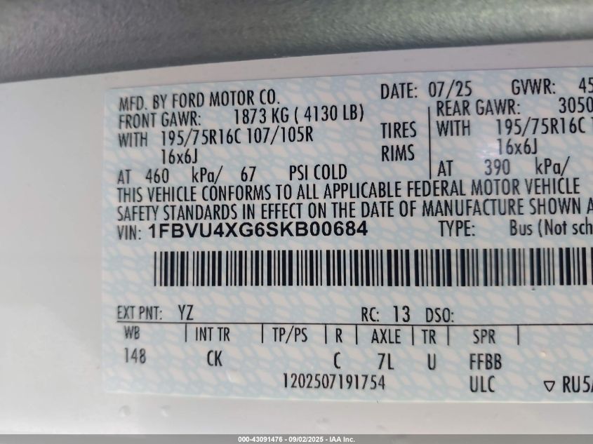 2025 Ford Transit-350 Passenger Van Xlt VIN: 1FBVU4XG6SKB00684 Lot: 43091476