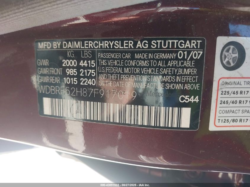 2007 Mercedes-Benz C 230 Sport VIN: WDBRF52H87F917019 Lot: 43091533