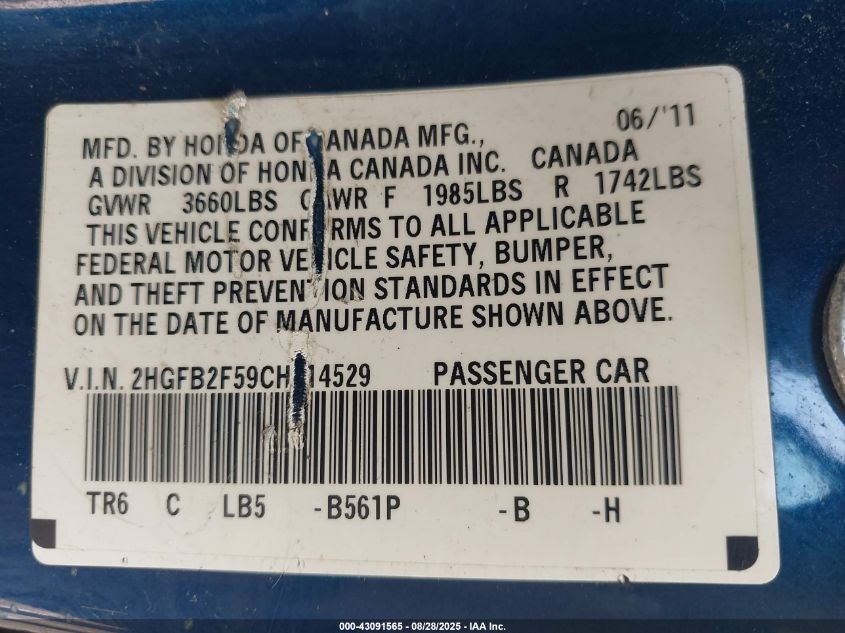 2012 Honda Civic Lx VIN: 2HGFB2F59CH514529 Lot: 43091565
