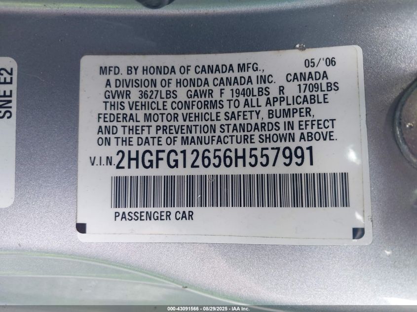 2006 Honda Civic Lx VIN: 2HGFG12656H557991 Lot: 43091566