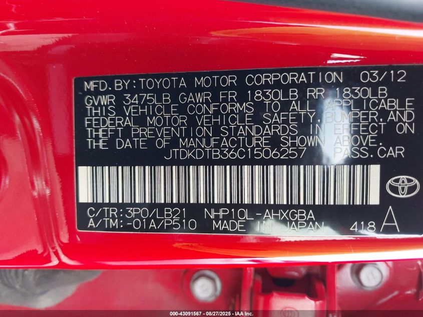 2012 Toyota Prius C Four VIN: JTDKDTB36C1506257 Lot: 43091567