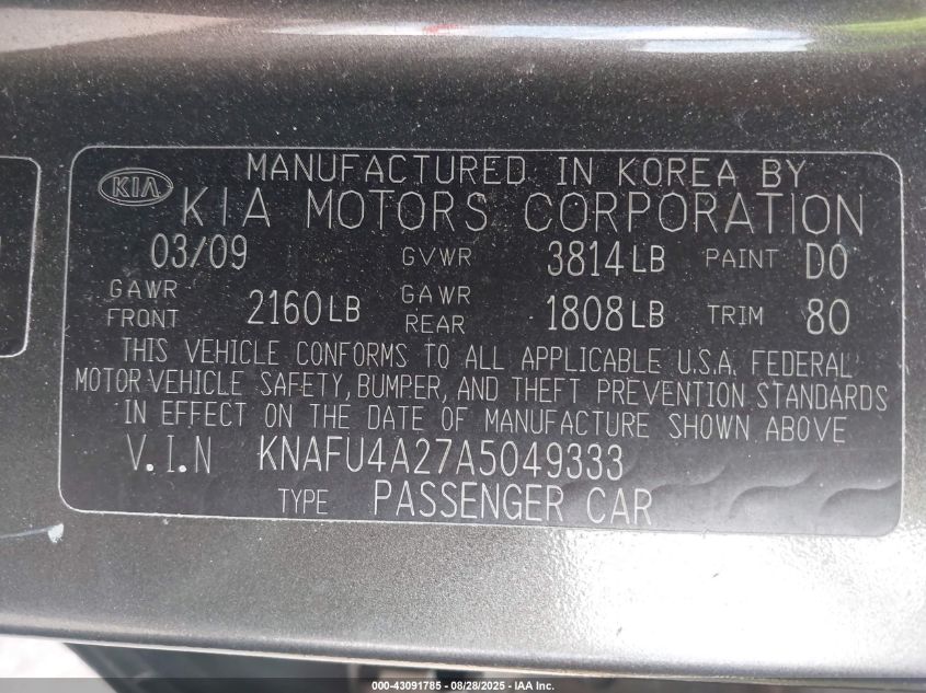 2010 Kia Forte VIN: KNASU4A27A5049333 Lot: 43091785