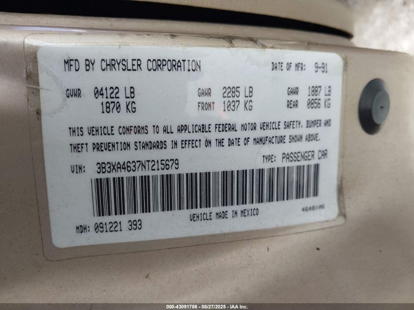 1992 Dodge Spirit VIN: 3B3XA4637NT215679 Lot: 43091786