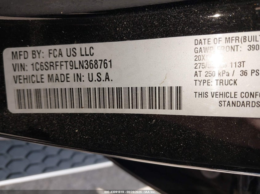 2020 Ram 1500 Big Horn 4X4 5'7 Box VIN: 1C6SRFFT9LN368761 Lot: 43091819