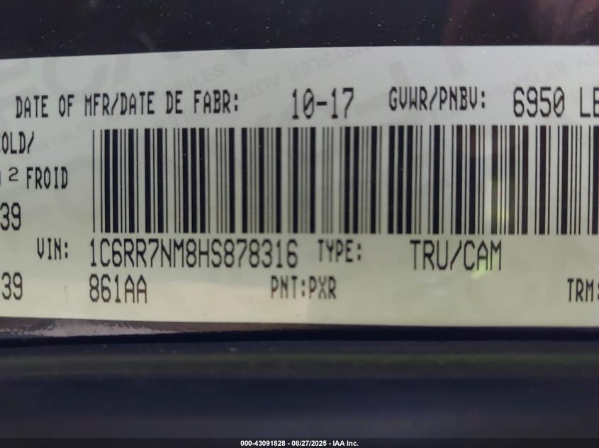 2017 Ram 1500 Laramie VIN: 1C6RR7NM8HS878316 Lot: 43091828