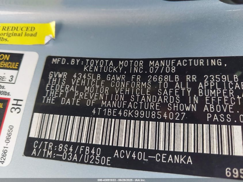 2009 Toyota Camry Le VIN: 4T1BE46K99U854027 Lot: 43091833