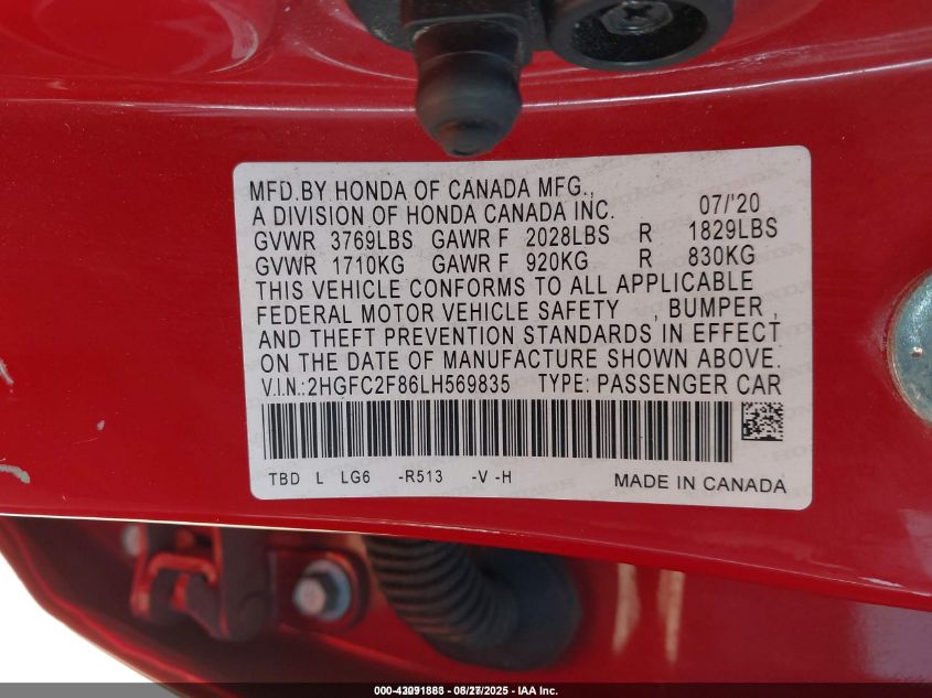 2020 Honda Civic Sport VIN: 2HGFC2F86LH569835 Lot: 43091883