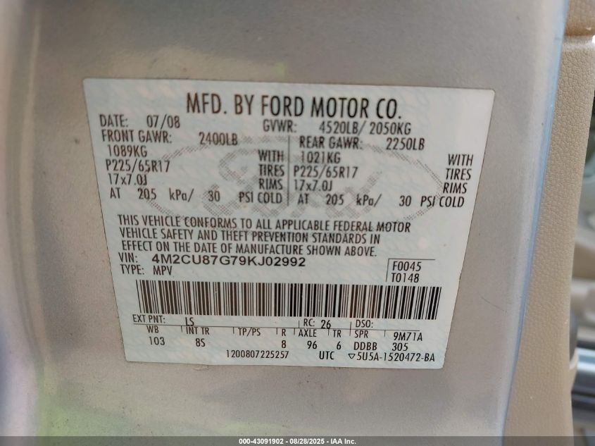 2009 Mercury Mariner Premier V6 VIN: 4M2CU87G79KJ02992 Lot: 43091902