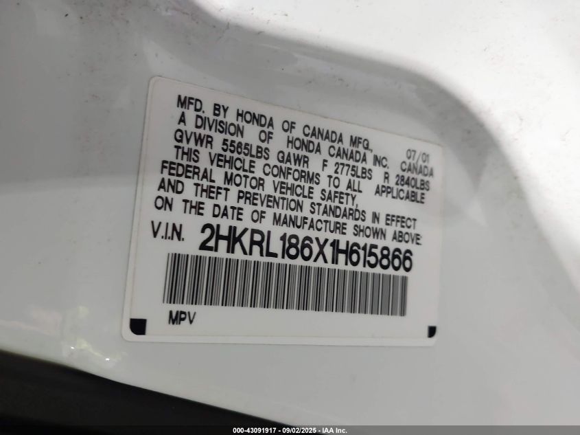 2001 Honda Odyssey Ex VIN: 2HKRL186X1H615866 Lot: 43091917