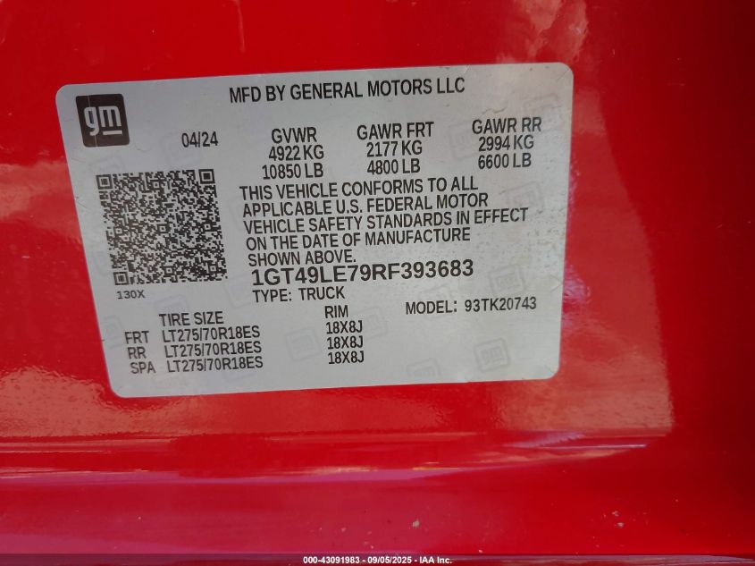 2024 GMC Sierra 2500Hd 4Wd Standard Bed Pro VIN: 1GT49LE79RF393683 Lot: 43091983