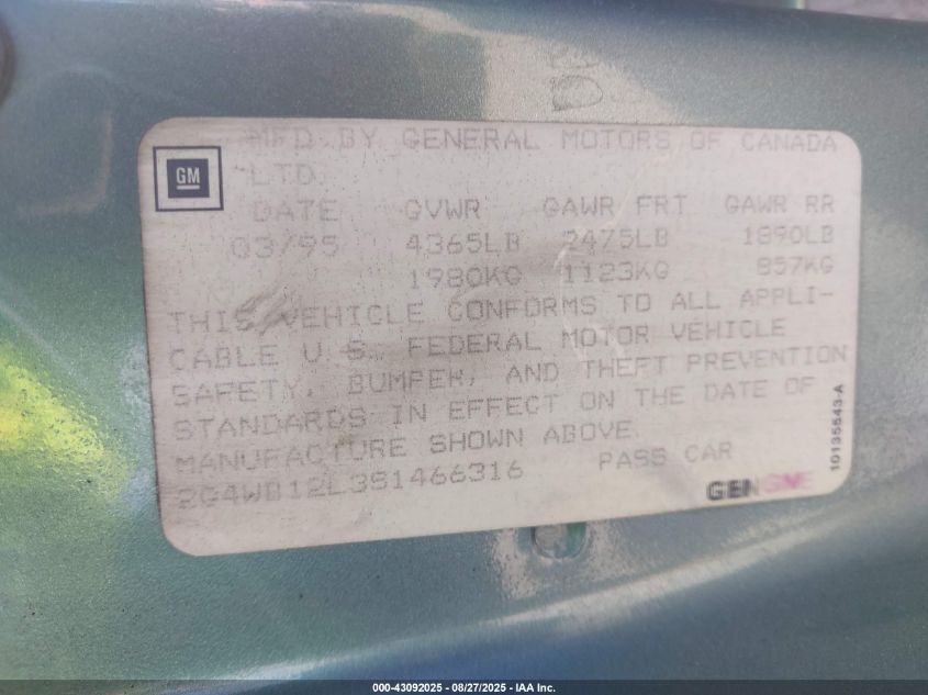 1995 Buick Regal Custom/Gran Sport VIN: 2G4WB12L3S1466316 Lot: 43092025