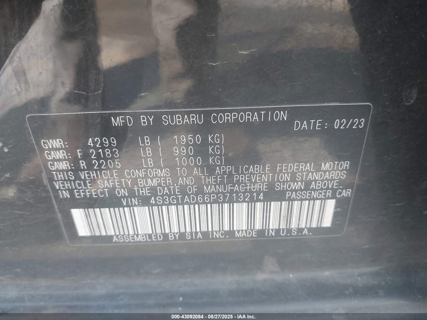 2023 SUBARU IMPREZA 2.0L H-4 DI, DOHC, V(VIN: 4S3GTAD66P3713214