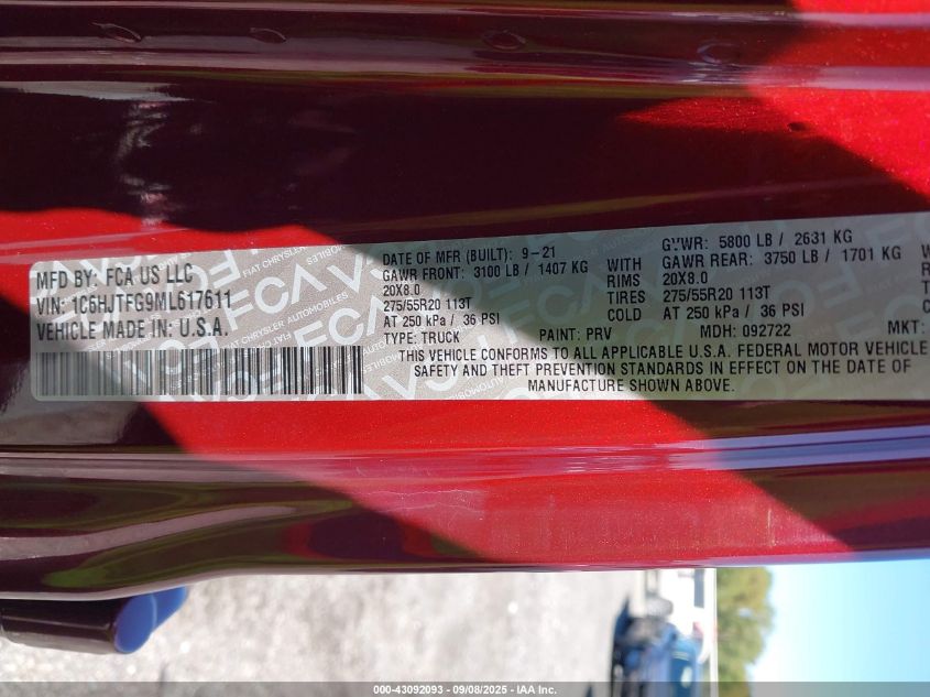 2021 Jeep Gladiator High Altitude 4X4 VIN: 1C6HJTFG9ML617611 Lot: 43092093