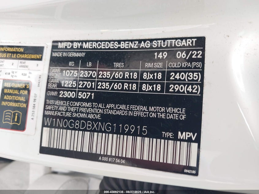 2022 MERCEDES-BENZ GLC 300 SUV - W1N0G8DBXNG119915