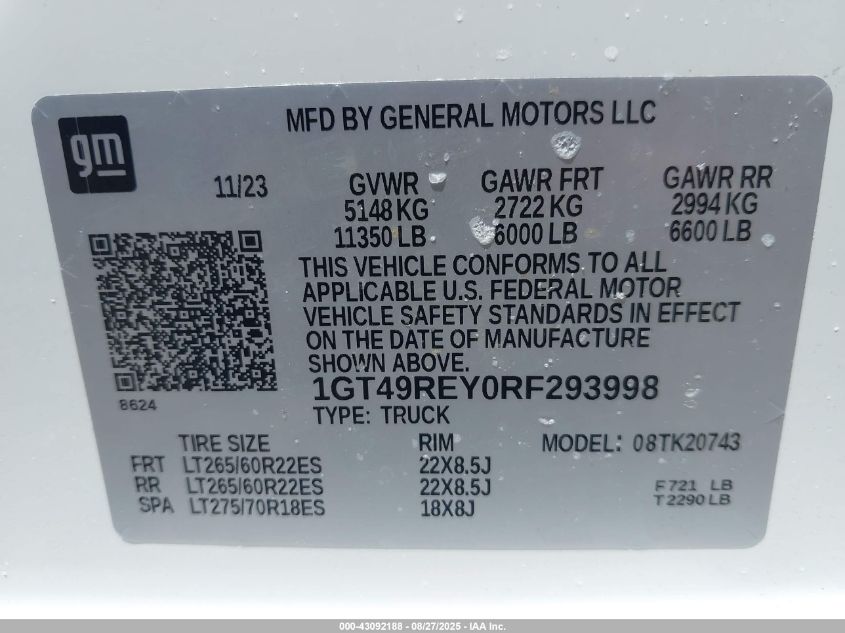 2024 GMC Sierra 2500Hd VIN: 1GT49REY0RF293998 Lot: 43092188