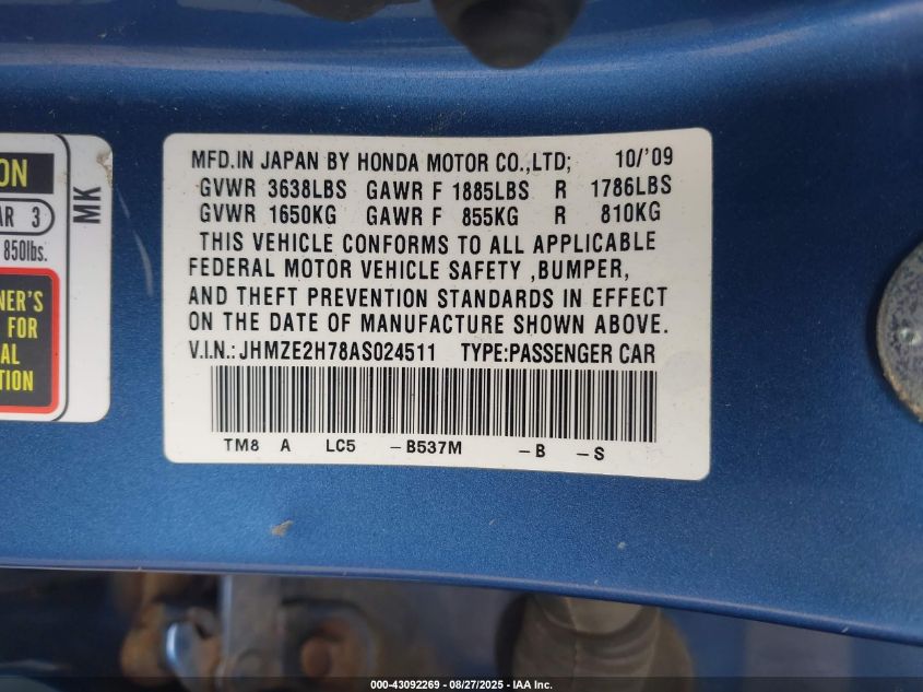 2010 Honda Insight Ex VIN: JHMZE2H78AS024511 Lot: 43092269