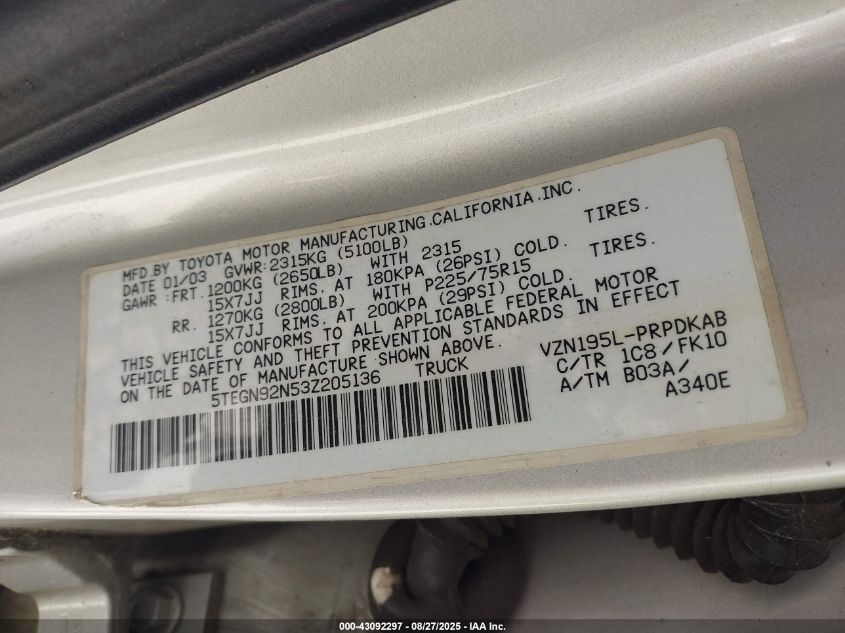 2003 Toyota Tacoma Prerunner VIN: 5TEGN92N53Z205136 Lot: 43092297