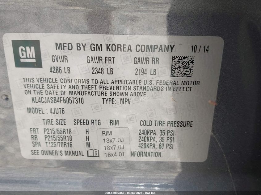 2015 Buick Encore VIN: KL4CJASB4FB057310 Lot: 43092353