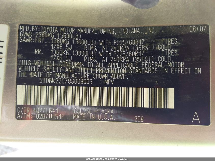 2008 Toyota Sienna Limited VIN: 5TDBK22C78S009003 Lot: 43092355