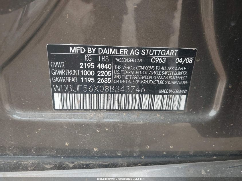 2008 Mercedes-Benz E 350 VIN: WDBUF56X08B343746 Lot: 43092393