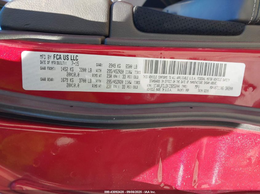 2015 Jeep Grand Cherokee Srt VIN: 1C4RJFDJ3FC925244 Lot: 43092428