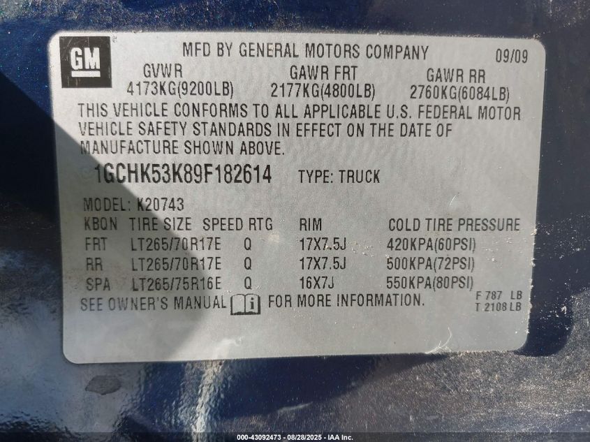 2009 Chevrolet Silverado 2500Hd Lt VIN: 1GCHK53K89F182614 Lot: 43092473