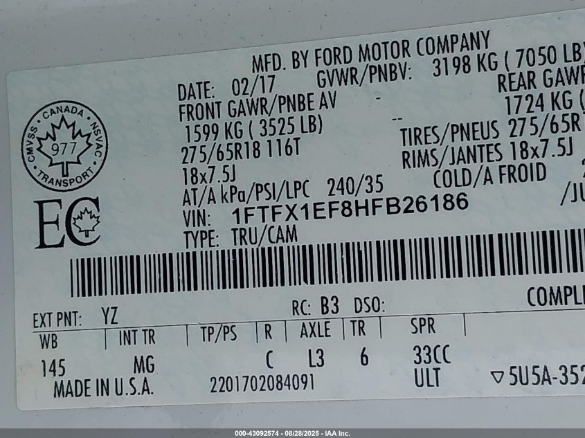 2017 Ford F-150 Xlt VIN: 1FTFX1EF8HFB26186 Lot: 43092574