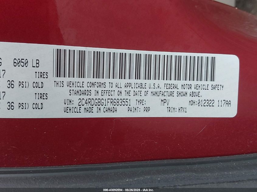 2015 Dodge Grand Caravan American Value Pkg VIN: 2C4RDGBG1FR683551 Lot: 43092594