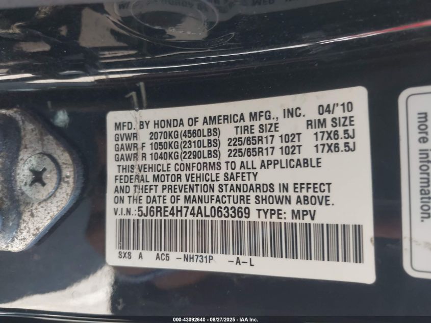 2010 Honda Cr-V Ex-L VIN: 5J6RE4H74AL063369 Lot: 43092640