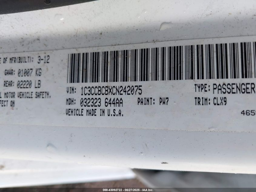 2012 Chrysler 200 Limited VIN: 1C3CCBCBXCN242075 Lot: 43092722