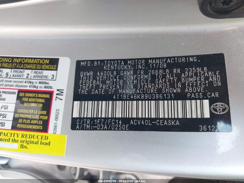 2009 Toyota Camry Se VIN: 4T1BE46K89U386131 Lot: 43092760