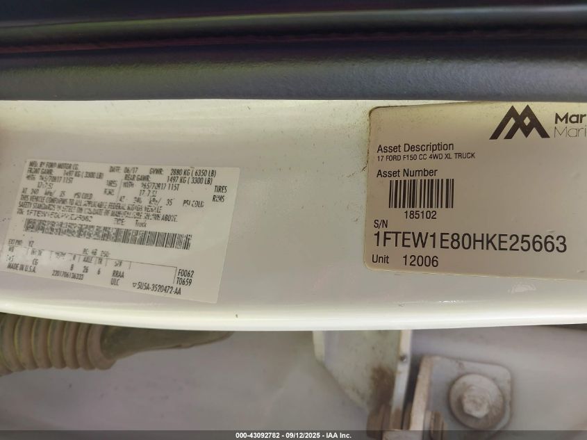 2017 Ford F-150 Xl VIN: 1FTEW1E80HKE25663 Lot: 43092782