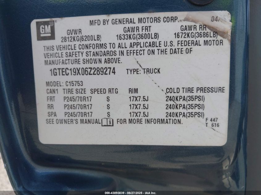 2006 GMC New Sierra C1500 VIN: 1GTEC19X06Z289274 Lot: 43093039