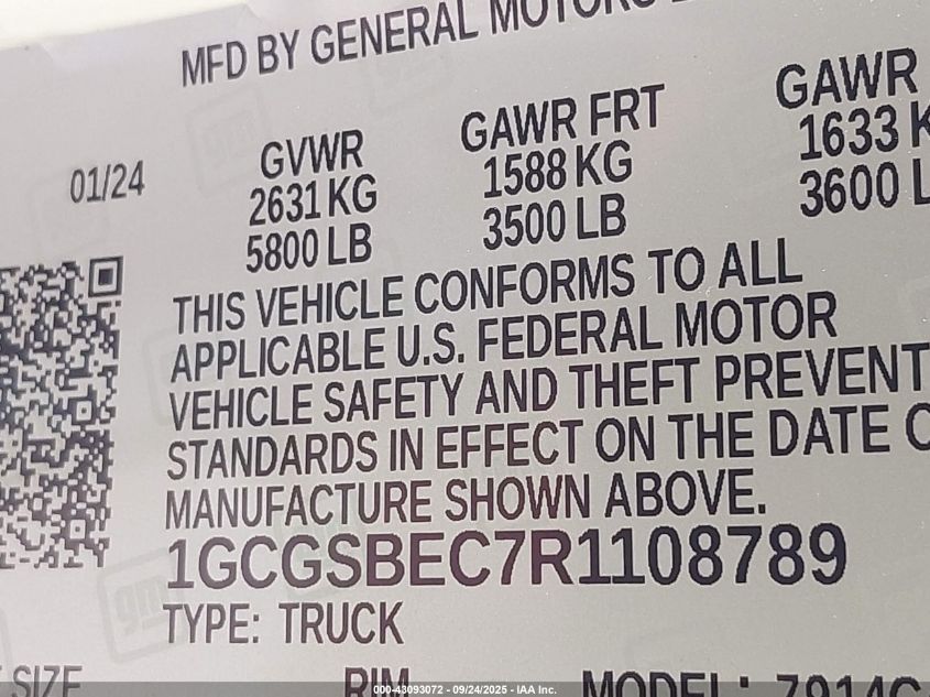 2024 Chevrolet Colorado 2Wd Wt VIN: 1GCGSBEC7R1108789 Lot: 43093072