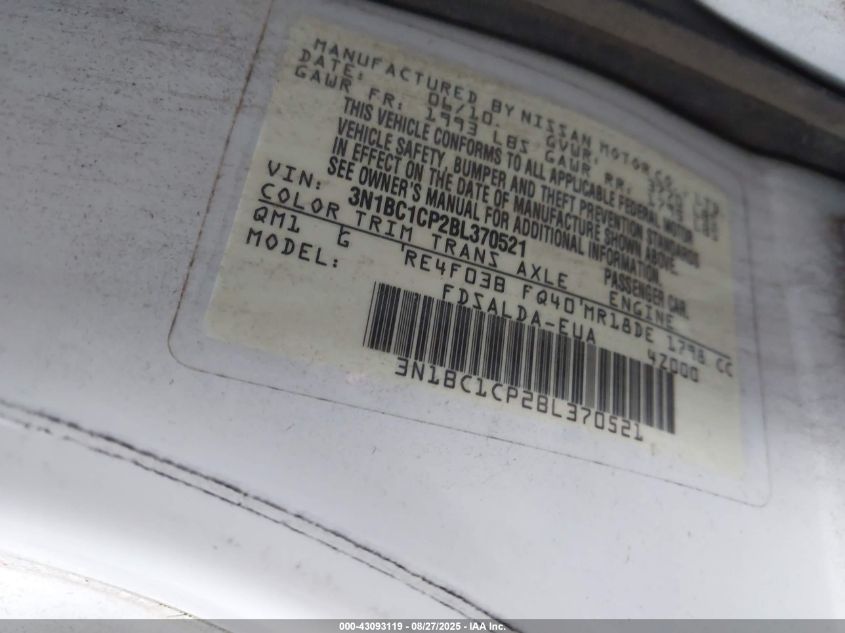 2011 Nissan Versa 1.8S VIN: 3N1BC1CP2BL370521 Lot: 43093119