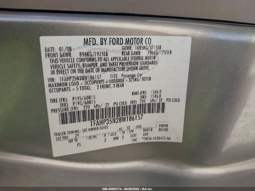 2008 Ford Focus Se/Ses VIN: 1FAHP35N28W186157 Lot: 43093174