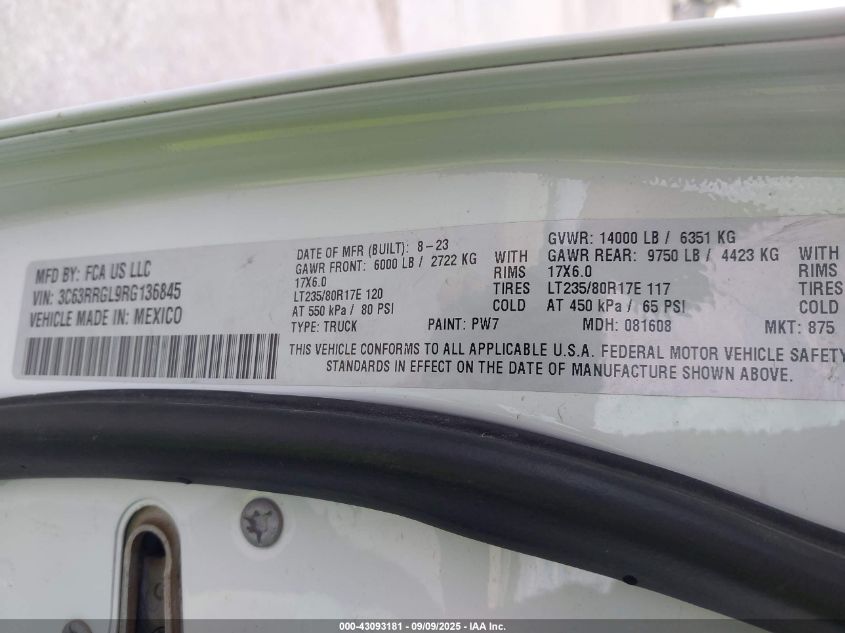 2024 Ram 3500 Tradesman 4X4 8' Box VIN: 3C63RRGL9RG136845 Lot: 43093181